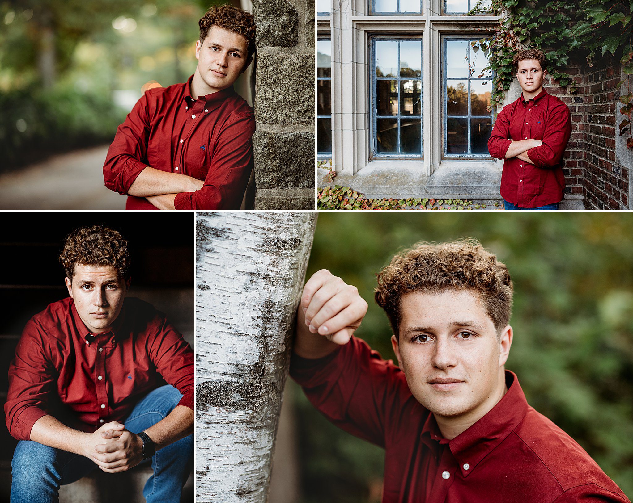 Boston senior portraits for guy in red button down shirt and jeans photographed by MA senior portrait photographer Helena Goessens Photography