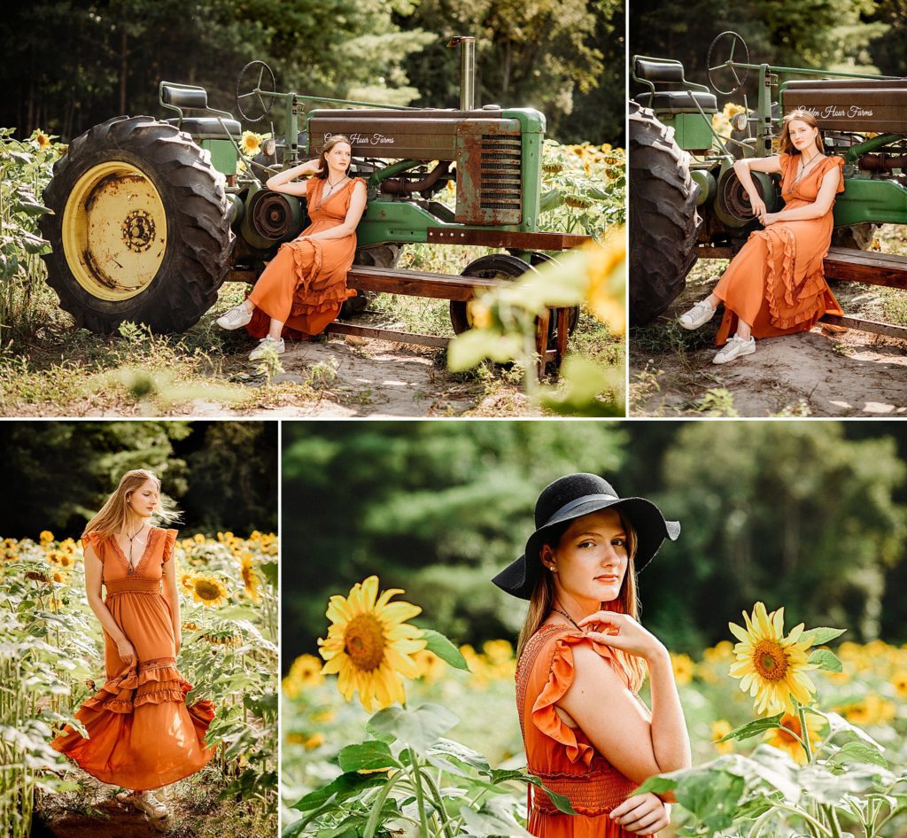 summertime portraits in sunflower field with John Deere tractor for teenager in orange gown photographed by Boston photographer Helena Goessens Photography