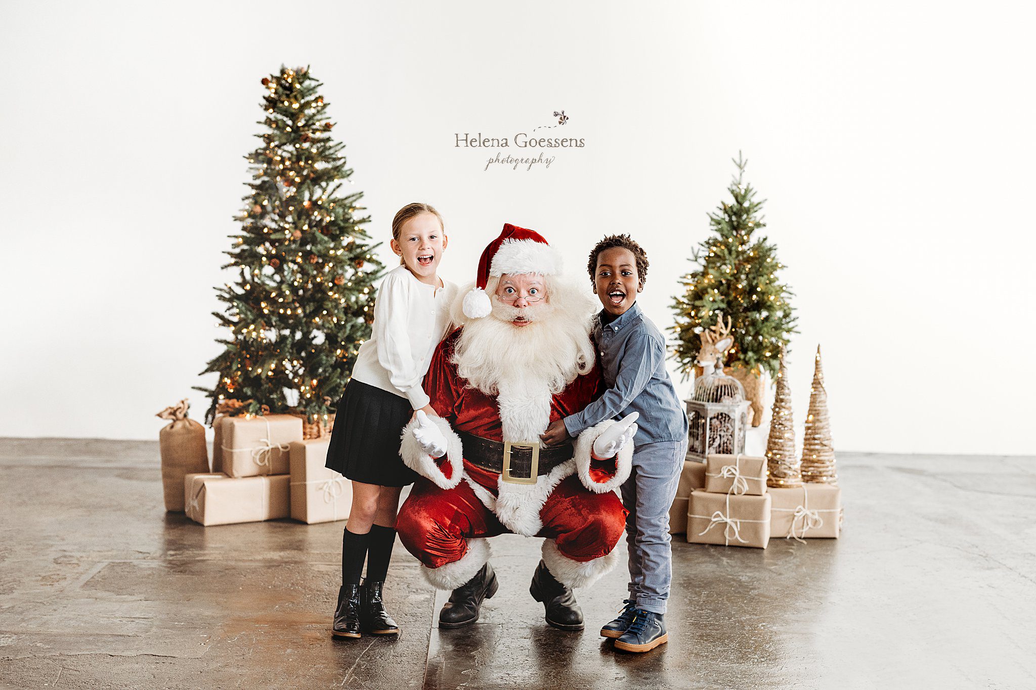 Santa poses with siblings during Studio Santa Portraits in Norwood, MA