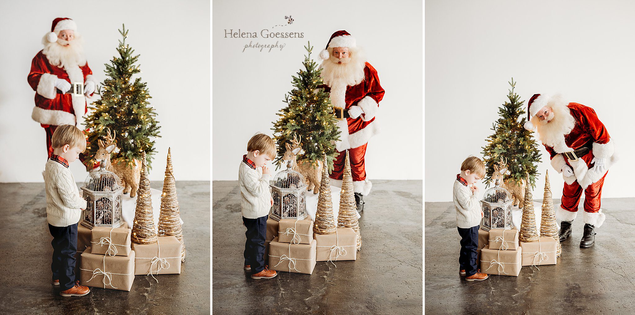 santa and boy look at Christmas tree during Studio Santa Portraits in Norwood, MA