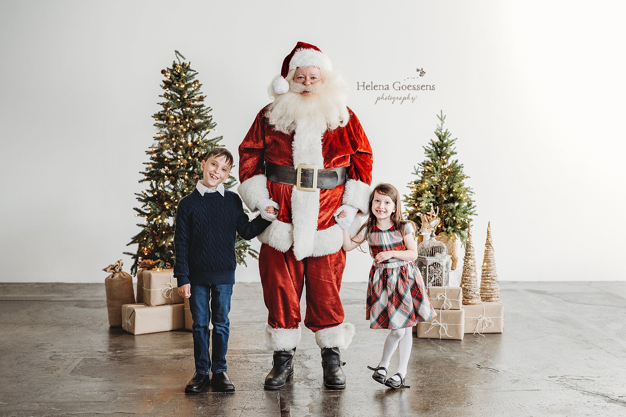 two kids hold Santa's hand during Studio Santa Portraits in Norwood, MA