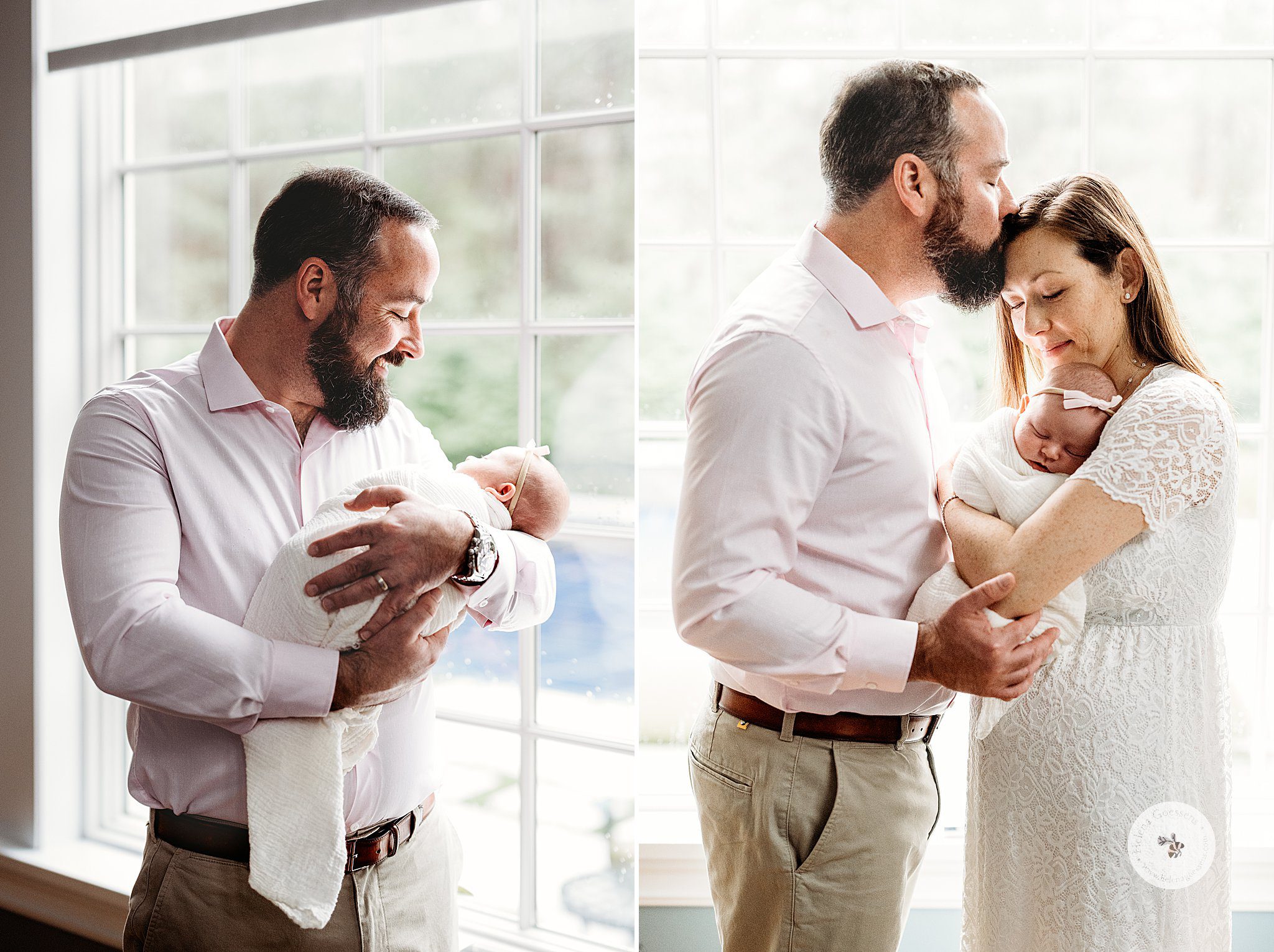 dad kisses wife holding newborn baby girl during Dover MA Lifestyle Newborn Session