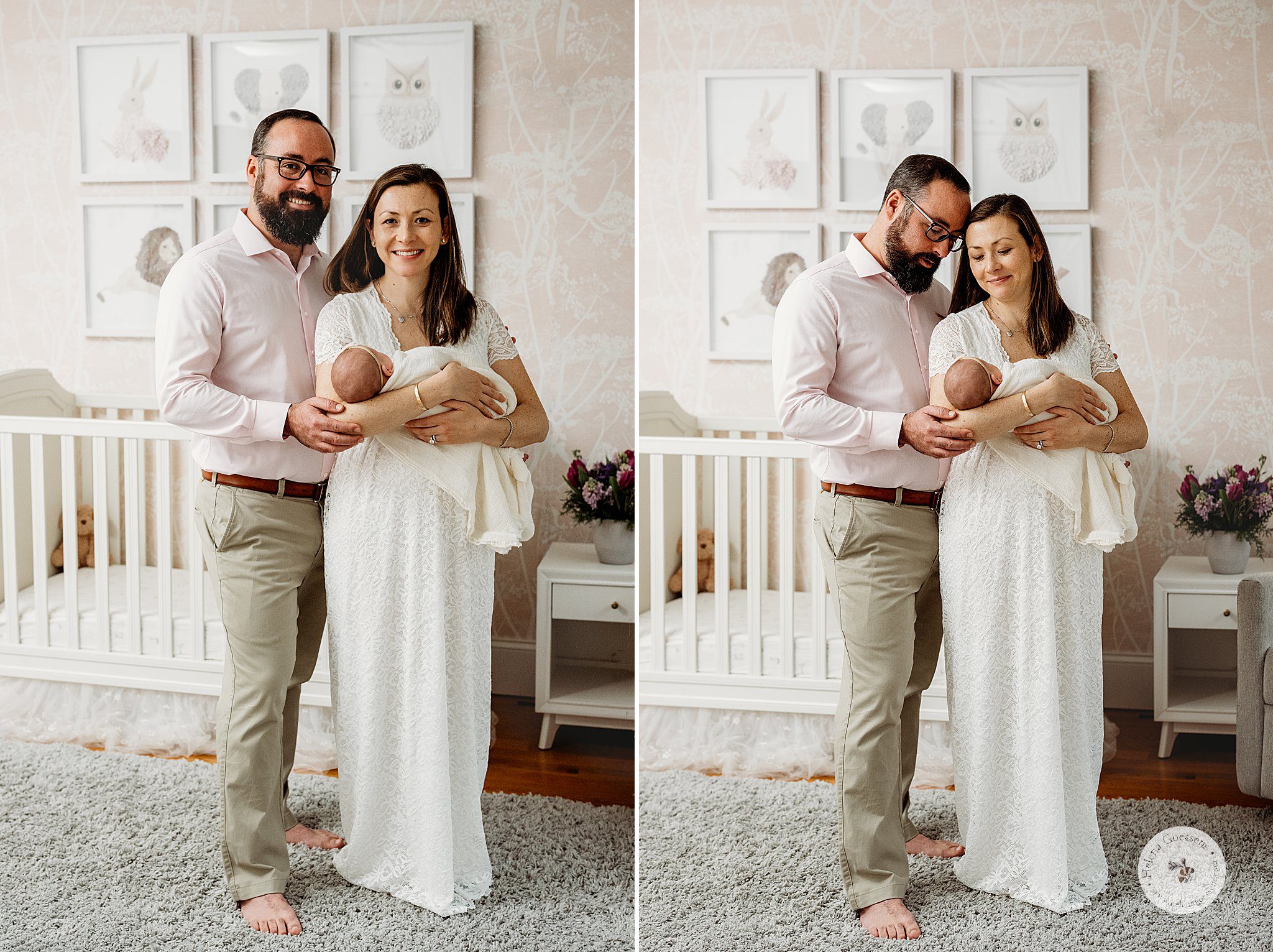 mom and dad pose in nursery by crib holding baby girl during Dover MA Lifestyle Newborn Session