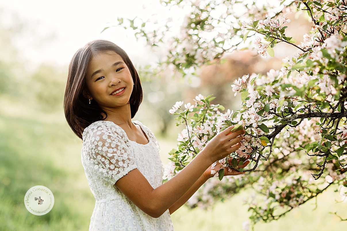 girl in white dress stands holding pink cherry blossoms during spring family photos 