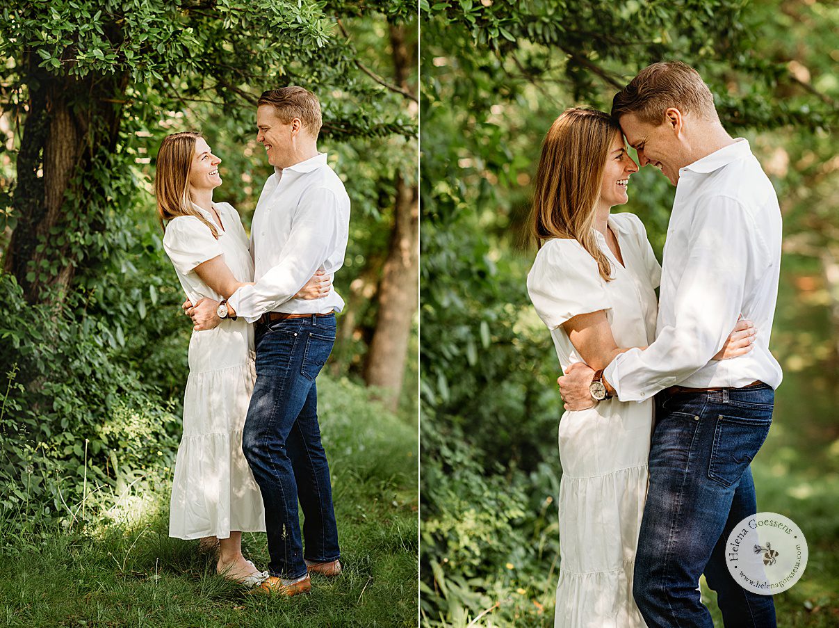 couple hugs leaning heads together during spring photos in Canton MA