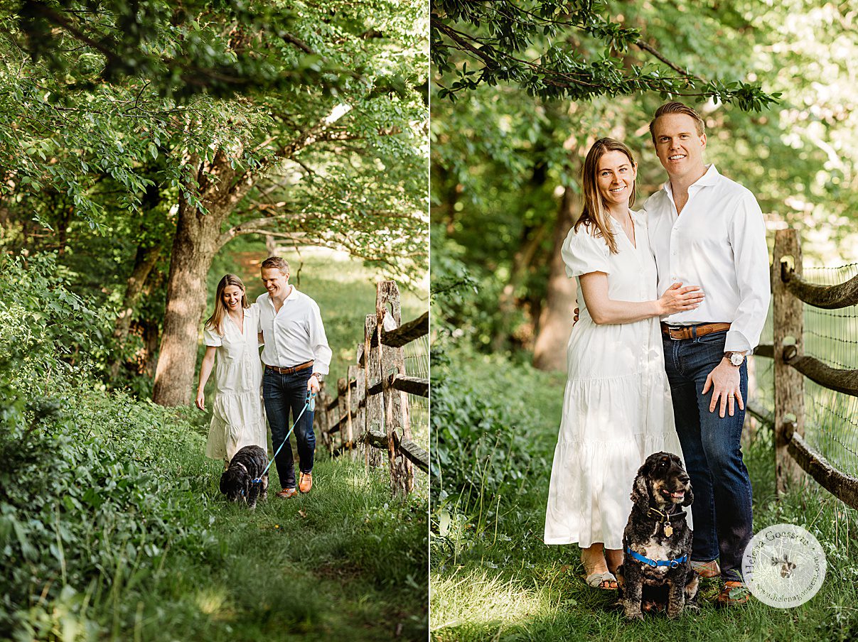 couple stands by wooden fence during Bradley Estate family photos with black dog