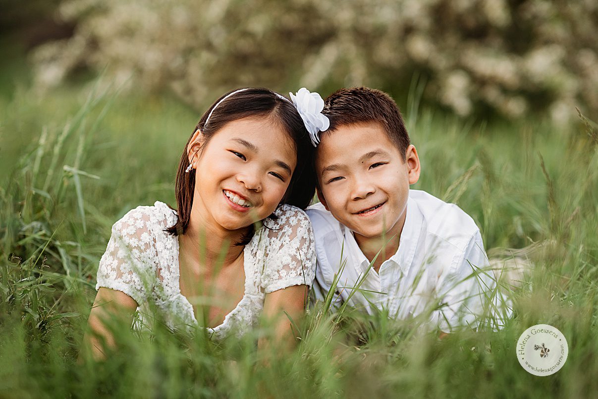 siblings lay in grass during Jamaica Plain family portraits at Arnold Arboretum