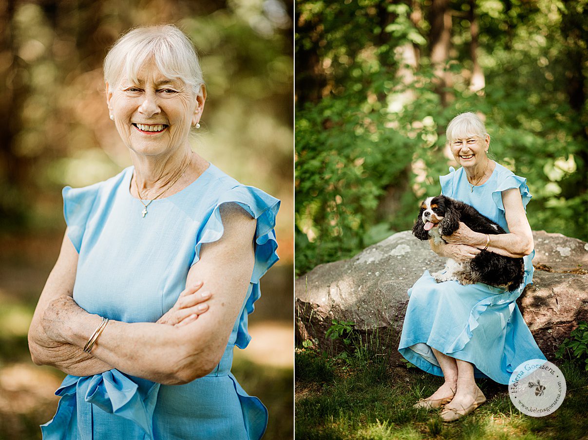 woman in blue dress sits holding dog on her lap during Bradley Estate family photos