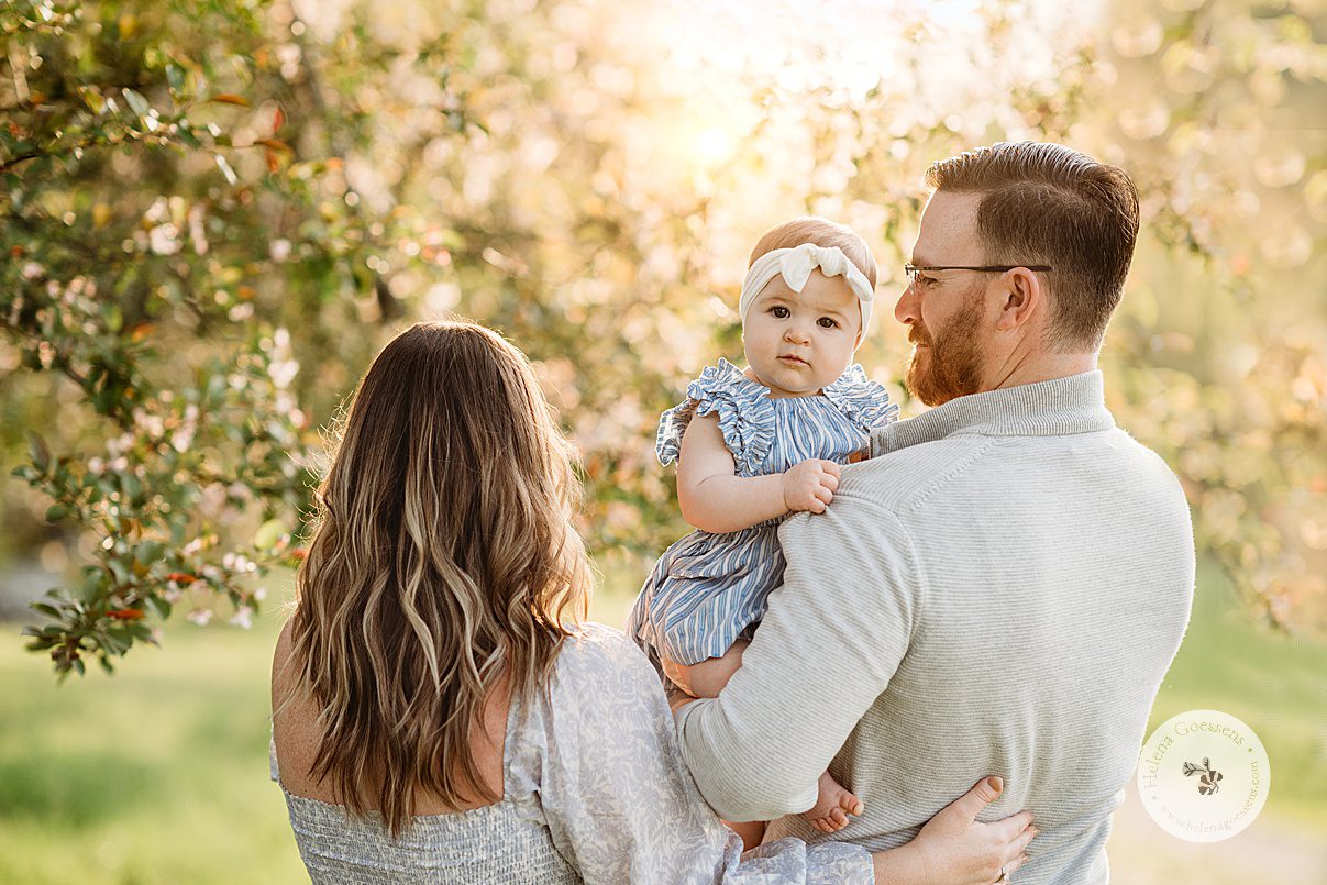 parents hold baby girl on chest hugging in trees during family portraits at Bradley Estate