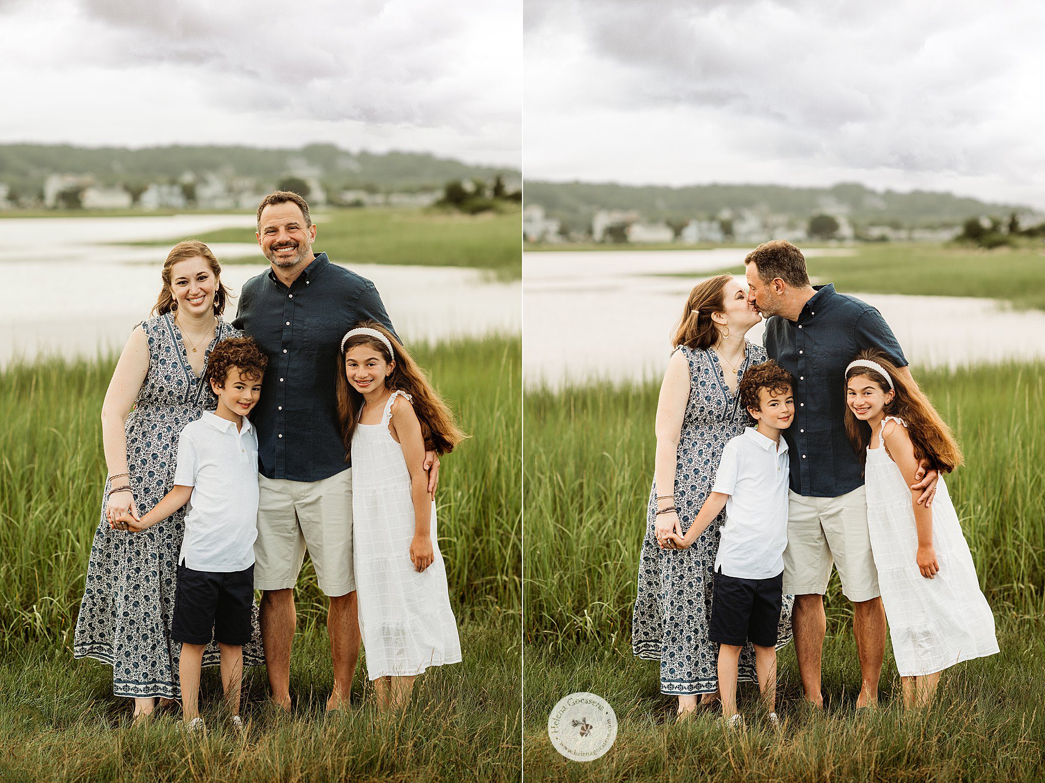 couple stands with kids around them and kisses while holding hands during  Marshfield family portraits