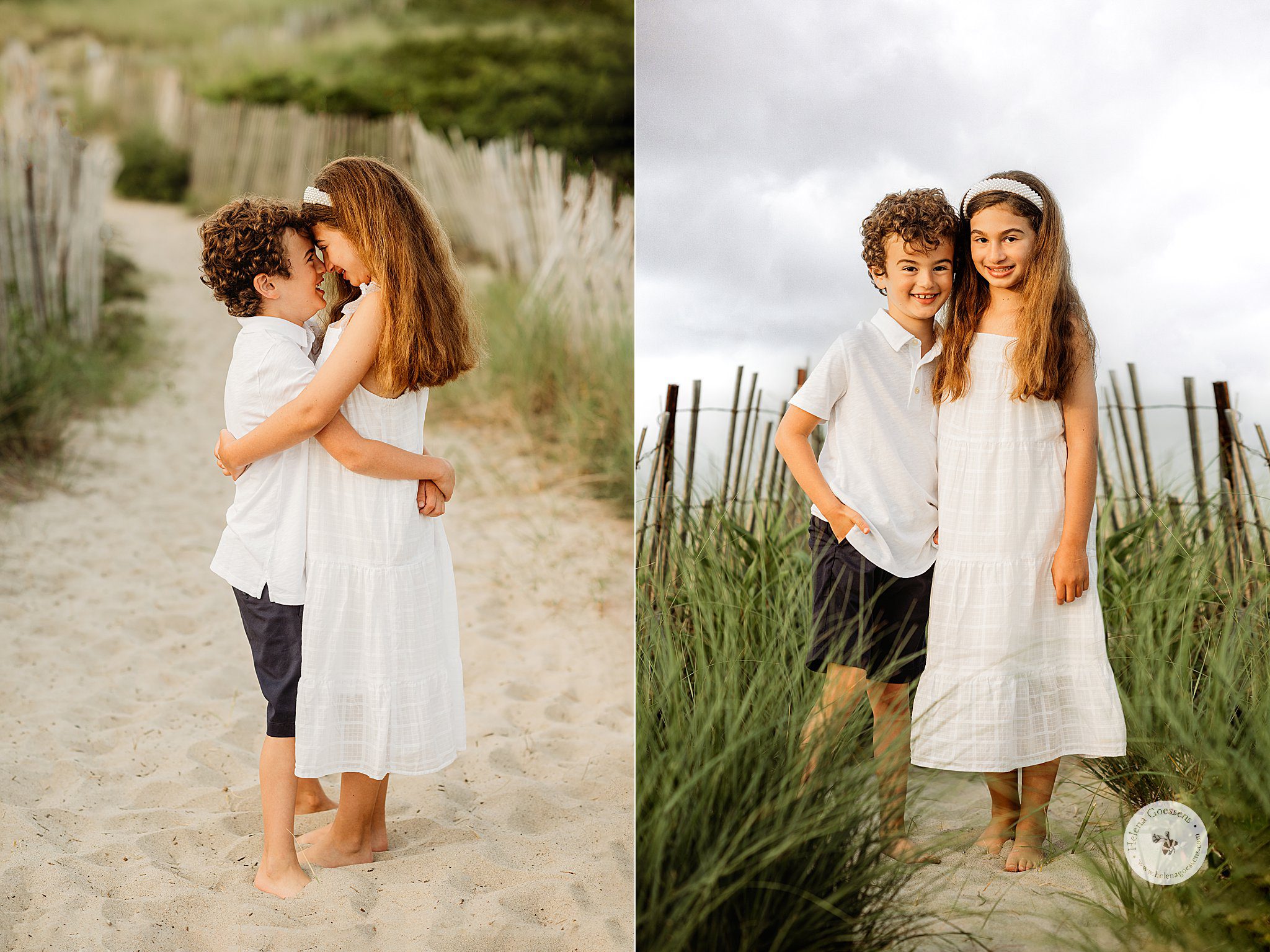 siblings hug and stand on sand dunes during Boston MA family photos 