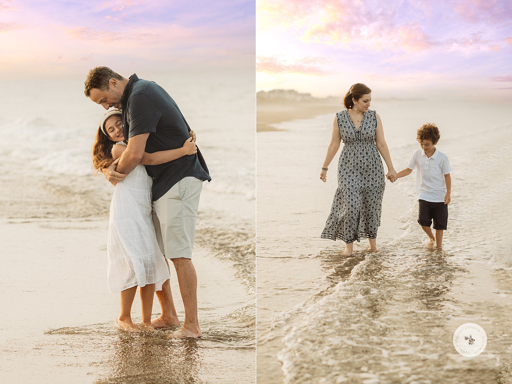 parents walk through water with kids during sunset Marshfield family portraits on the beach 