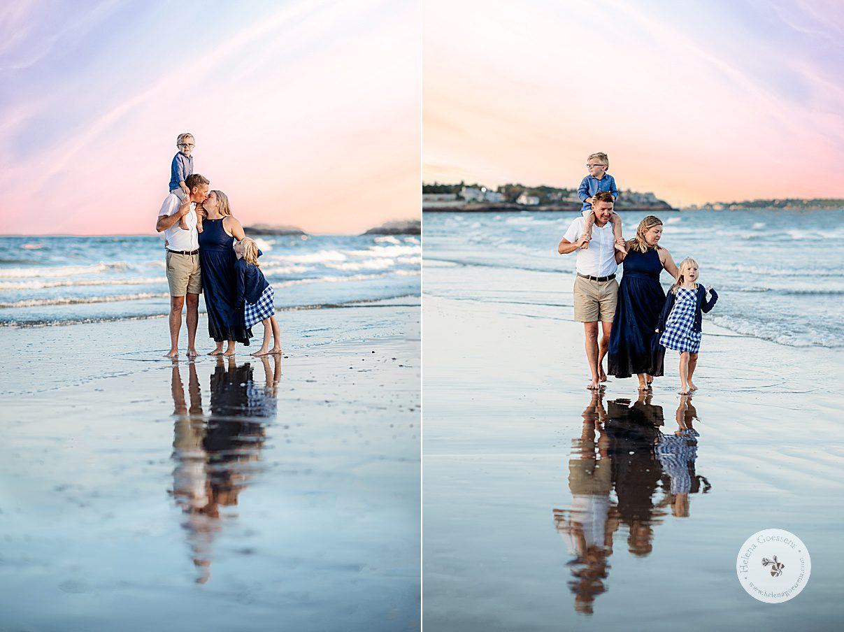 family of four poses together during beach family portraits in Swampscott  MA at low tide