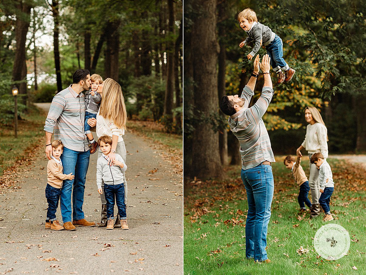 dad tosses boy into the air during fall family portraits at the Bradley Estate