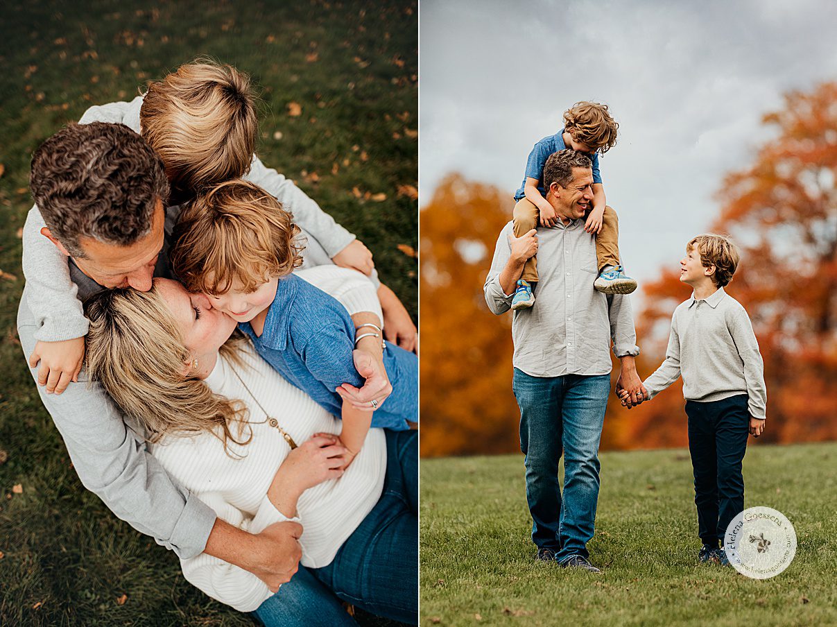 family of four cuddles during fall family portraits at Larz Anderson Park