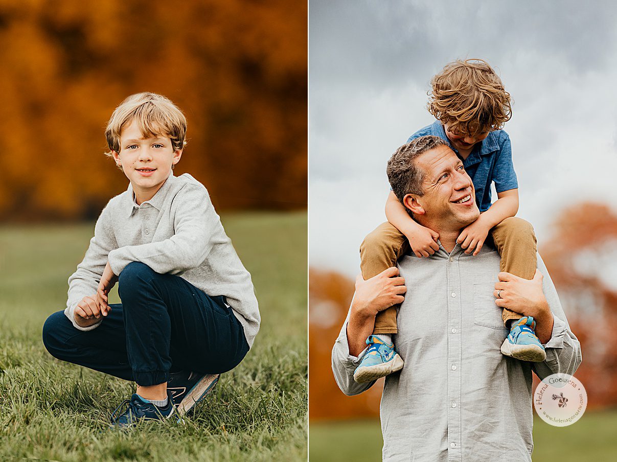 boy in grey shirt poses in Brookline MA park during fall family photos 
