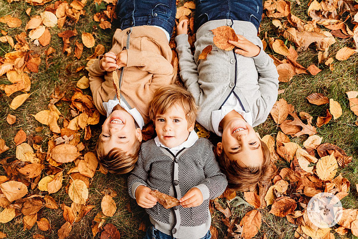 three brothers lay in pile of orange and yellow leaves during fall family portraits at the Bradley Estate