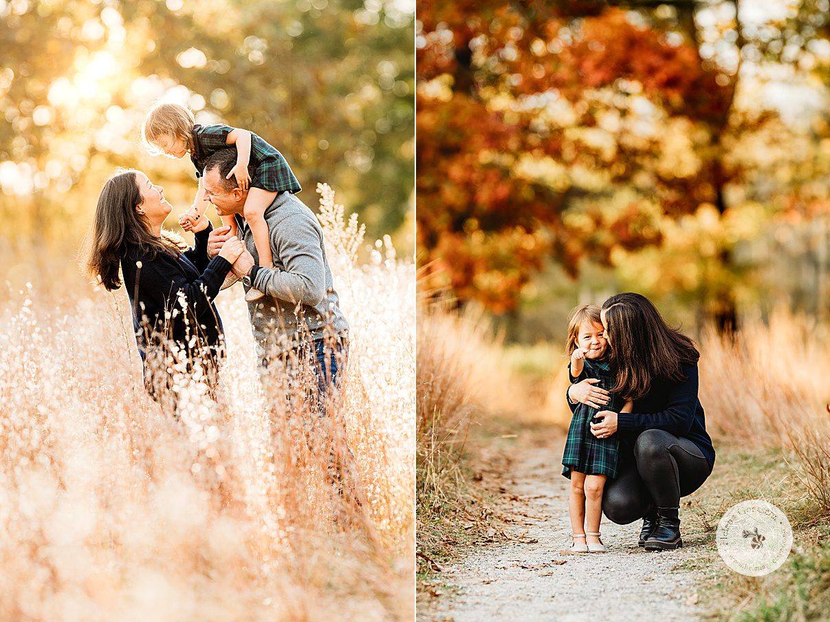 toddler leans down from dad's shoulders to give mom a kiss during fall photos 