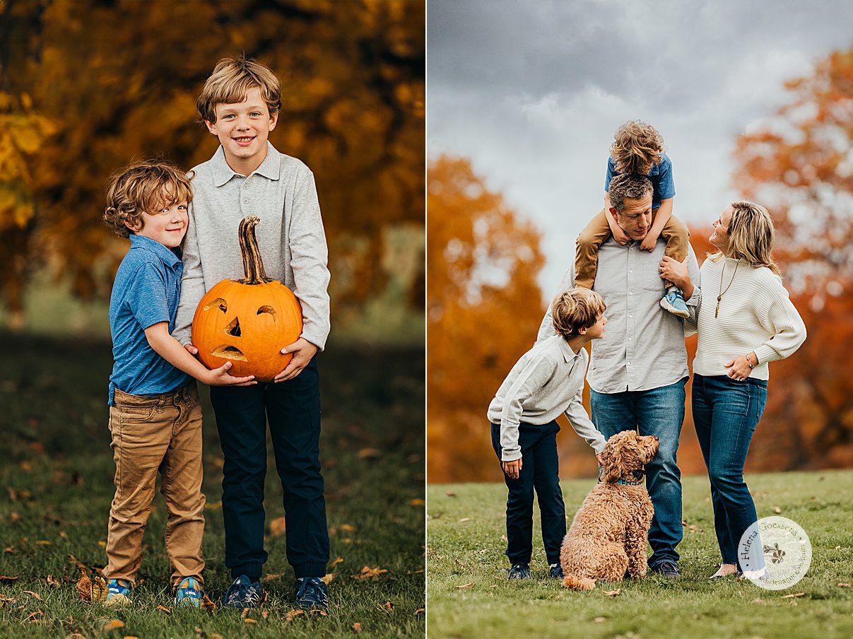 brothers hold jack-o-lantern in Brookline MA park during fall family photos 