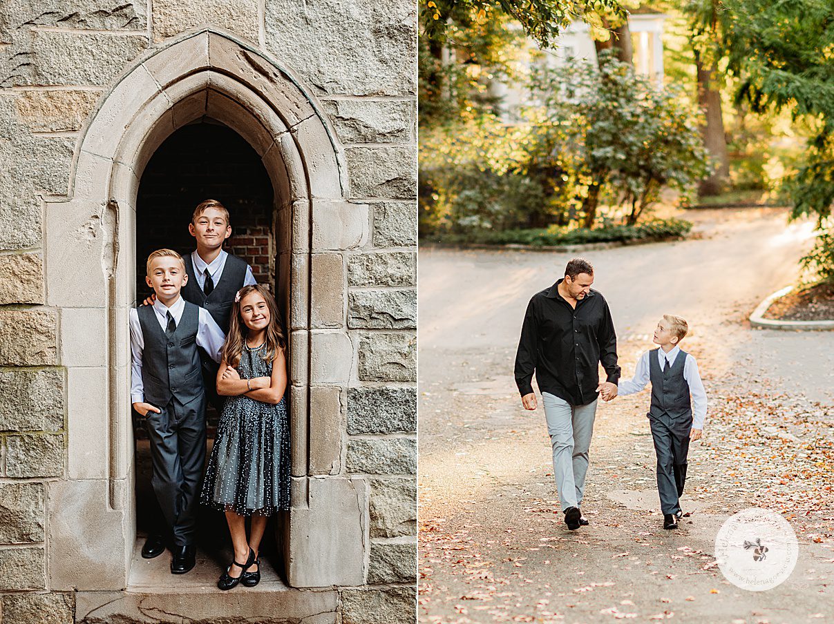 three siblings stand together in stone arch at Wellesley College while dad and son walk together during fall family photos 