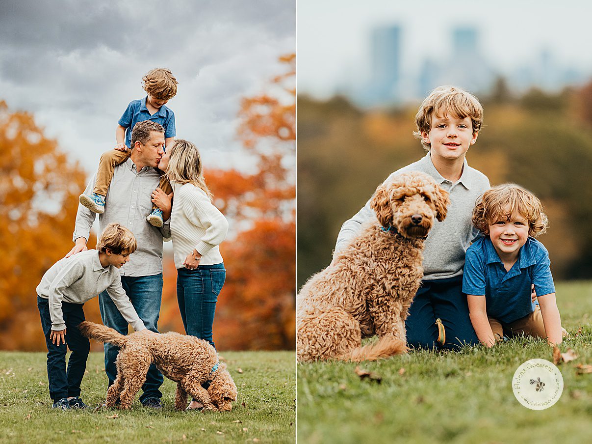 boys pose with puppy during fall family portraits at Larz Anderson Park
