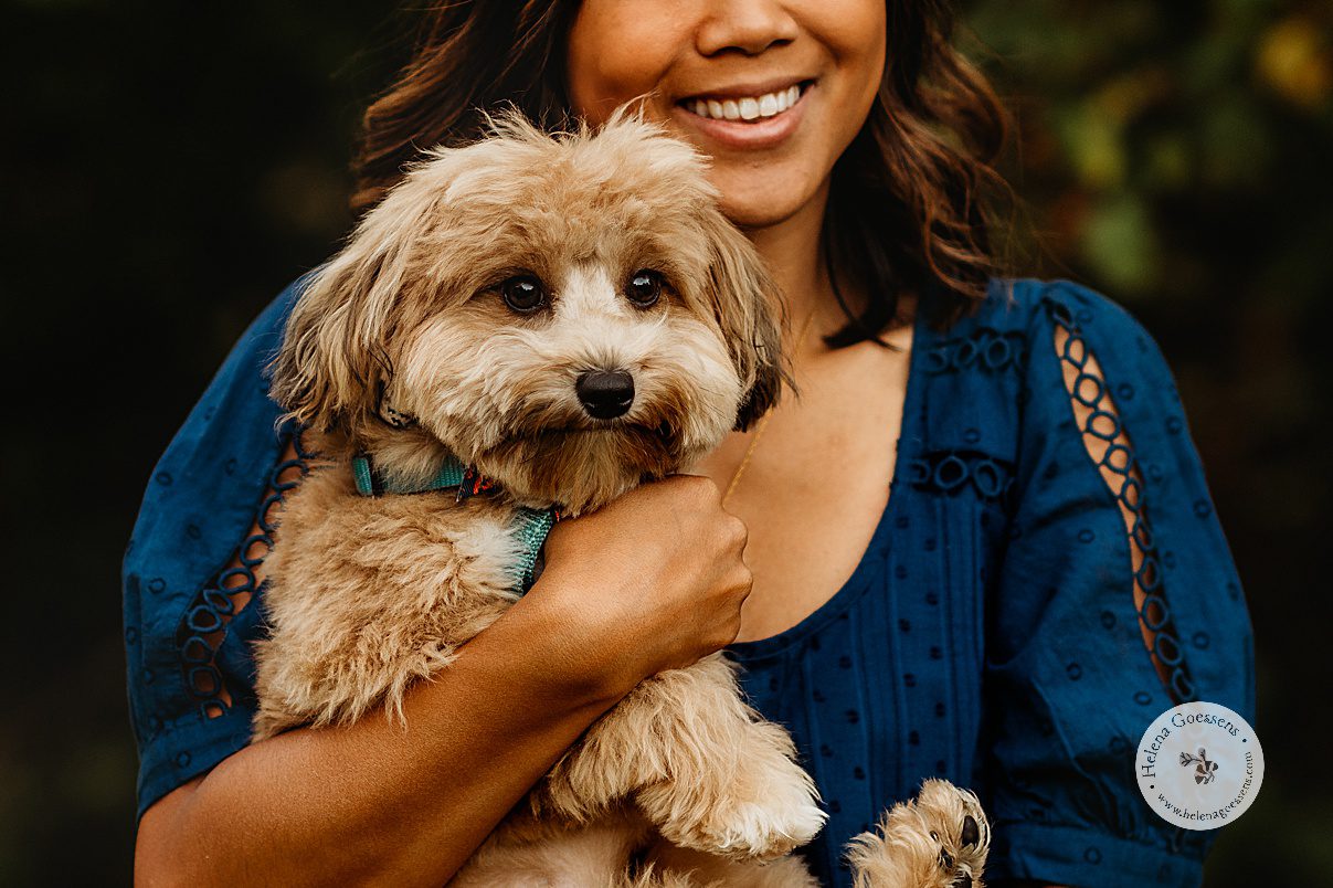 woman in blue shirt holds puppy during fall family photos at home 