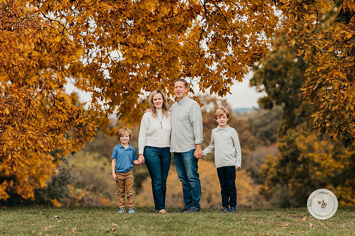 parents hold hand with each other and two sons during Larz Anderson Park fall family portraits