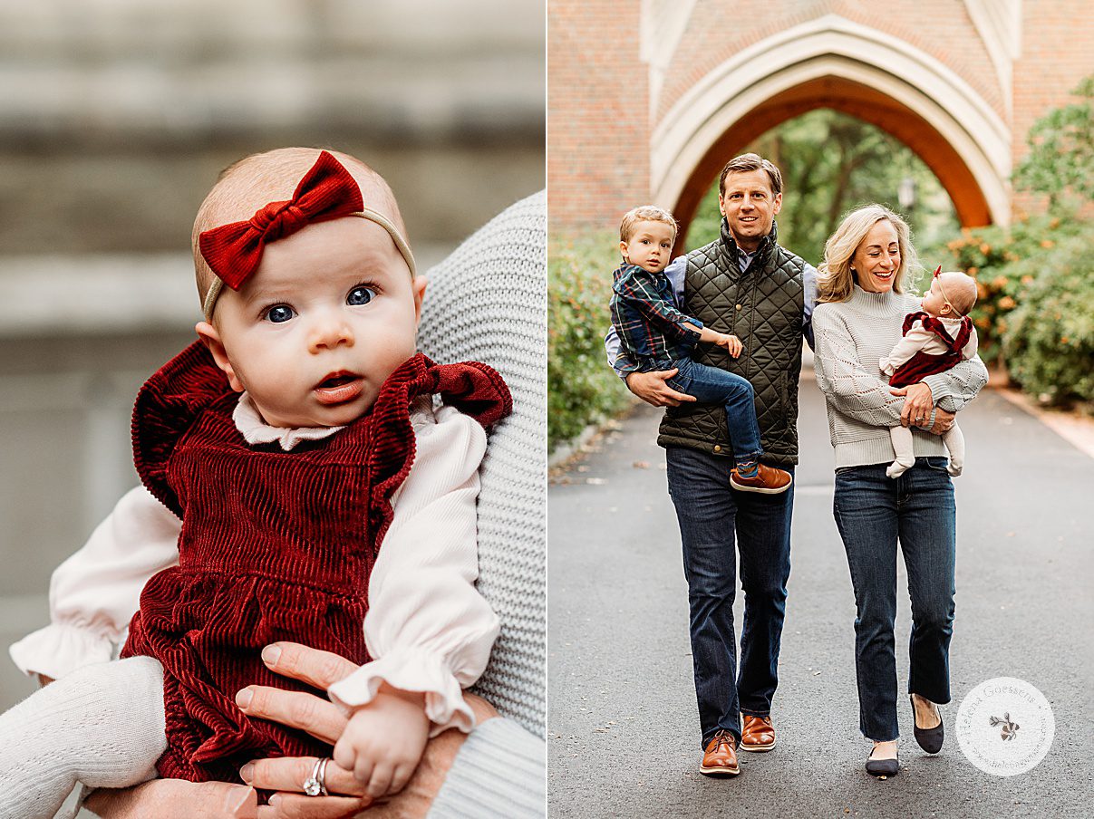 mom and dad walk carrying their two kids at Wellesley College during fall family photos 