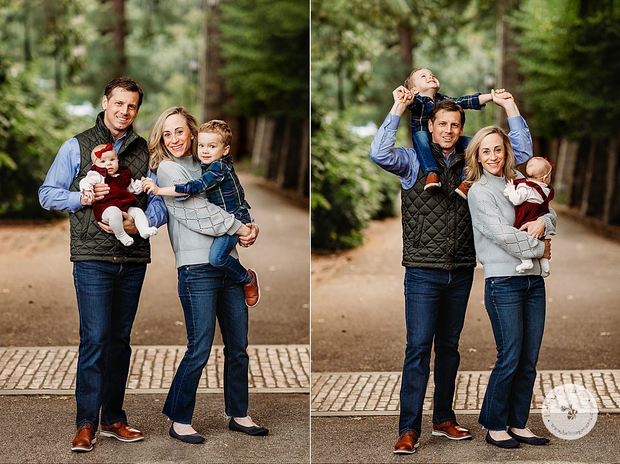 parents smile hugging two young kids at Wellesley College during fall family photos