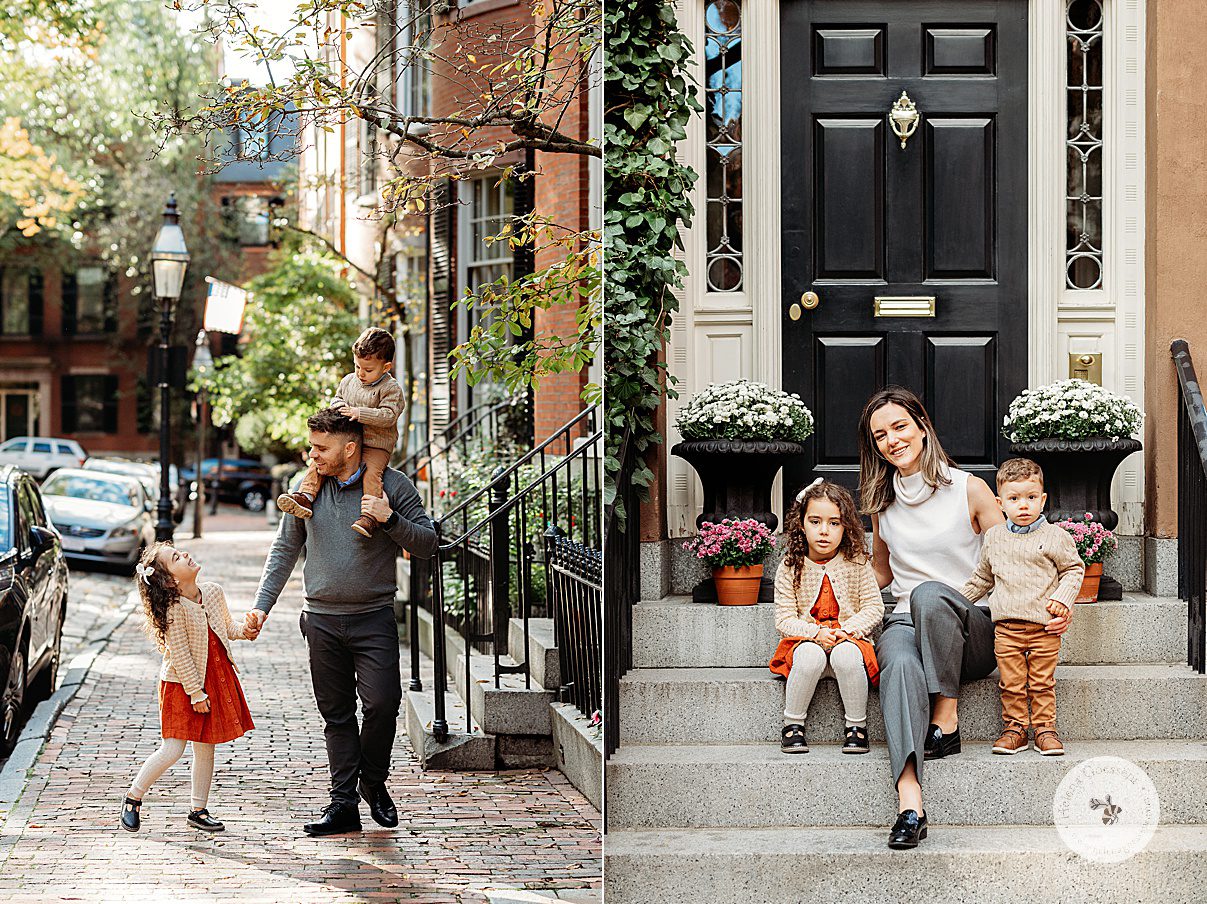 parents walk down sidewalk and sit on front steps with two children during family photos on Acorn Street on Beacon Hill in Boston MA 
