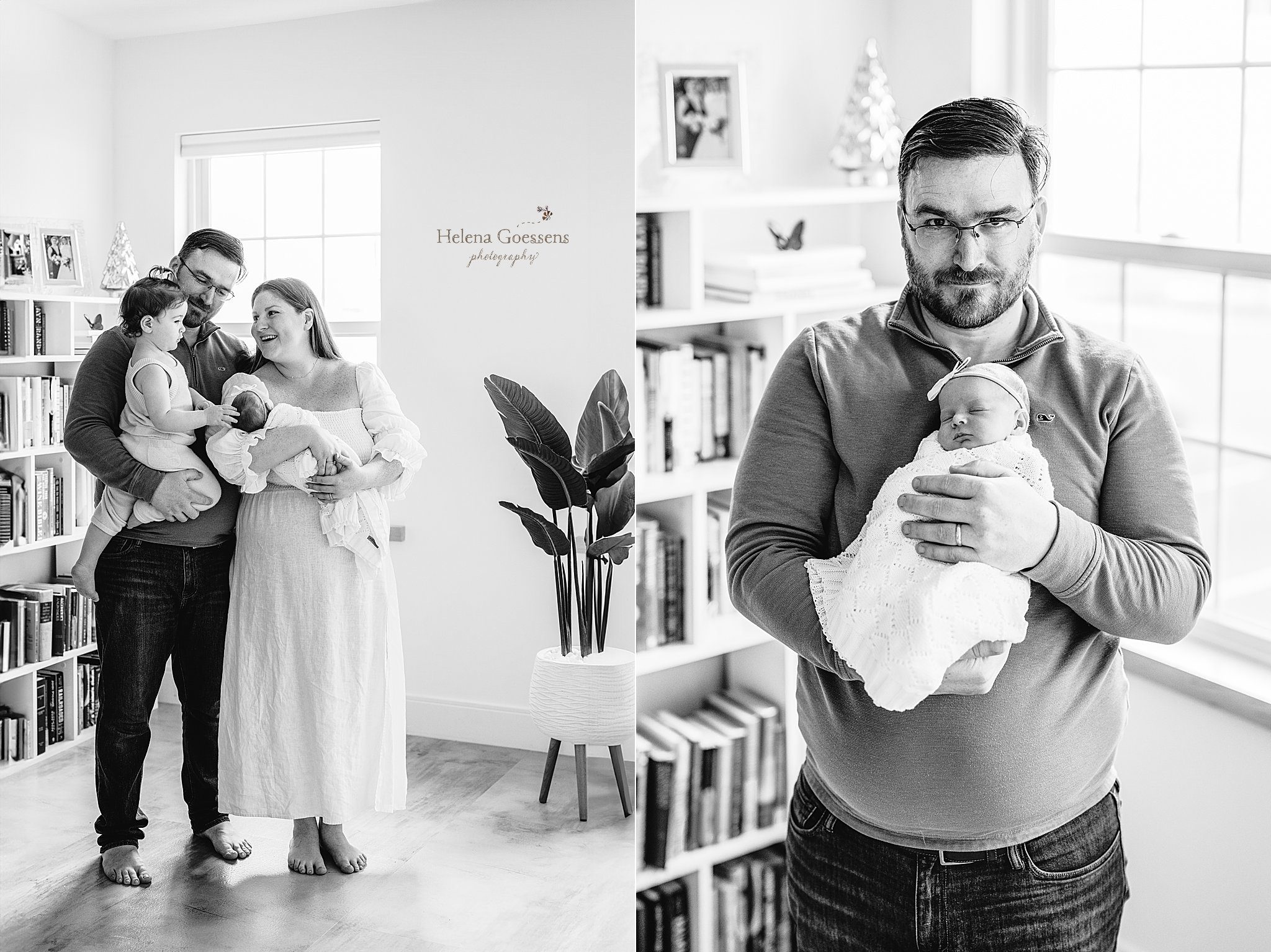 dad holds newborn daughter in front of his chest during at home newborn portraits in Canton MA