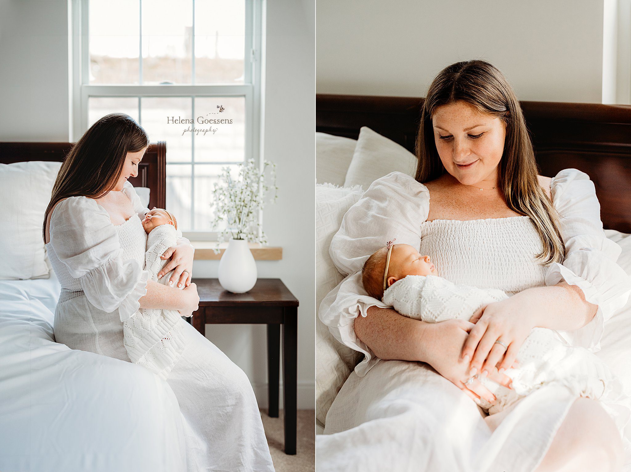mom holds newborn daughter in white knit blanket on bed in Boston MA