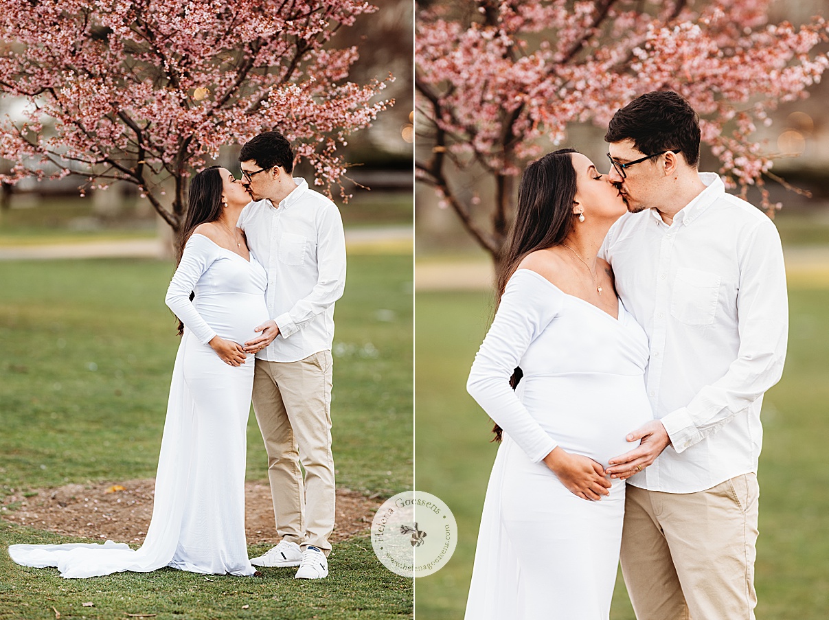 expecting woman holds baby bump while kissing husband near pink trees in Boston MA