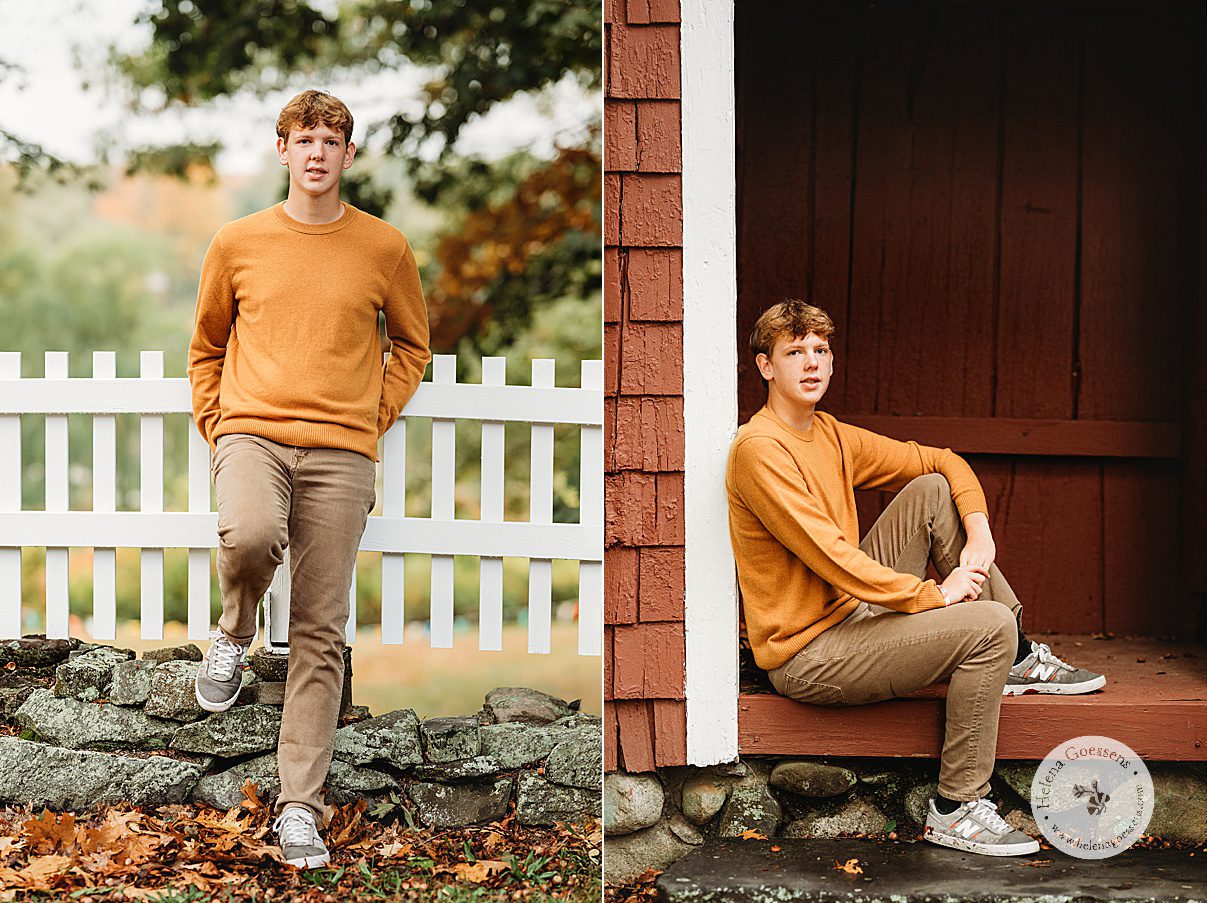 senior sits inside red barn during Larz Anderson Park senior portraits