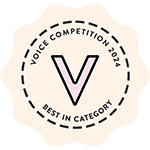 A circular badge with a dotted border featuring the text Voice Competition 2024 and Best in Category surrounds a large letter V in the center on a light background.