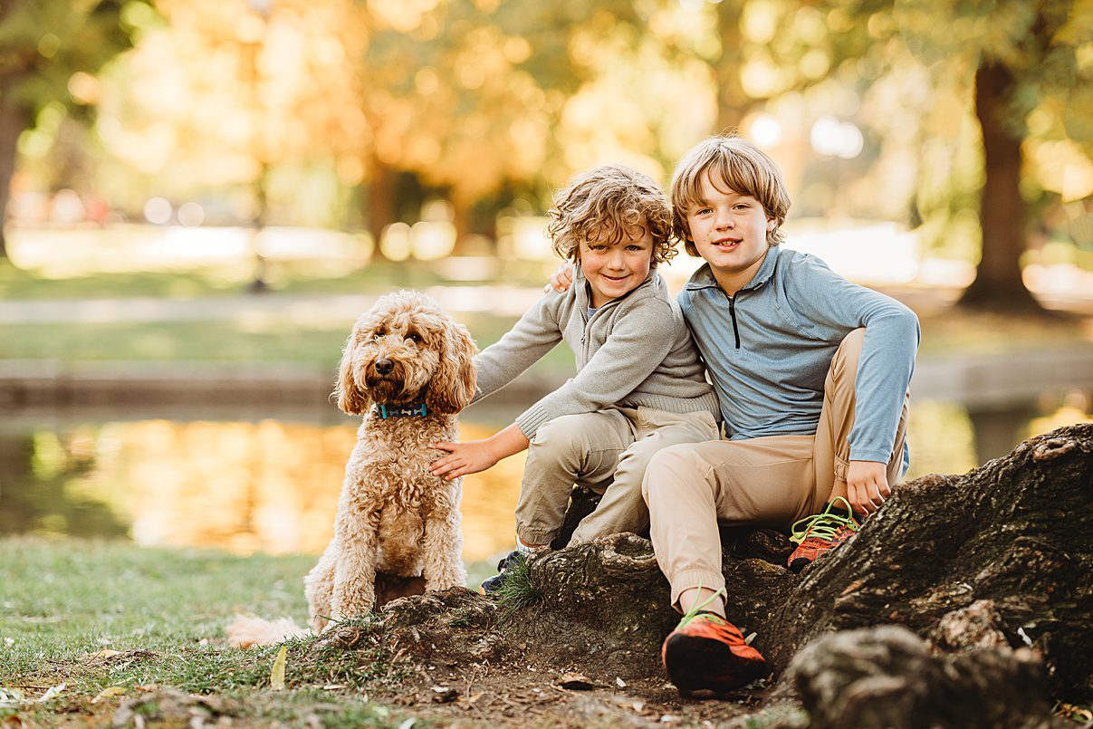 Two children sitting on a tree stump in a park, smiling, with a brown fluffy dog beside them. The background features a pond and autumn trees with golden leaves, creating a warm, sunny atmosphere.