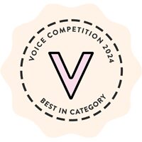 A round badge with a scalloped edge reads Voice Competition 2024 at the top and Best In Category at the bottom. A large V is in the center. The text and border are black on a light beige background.