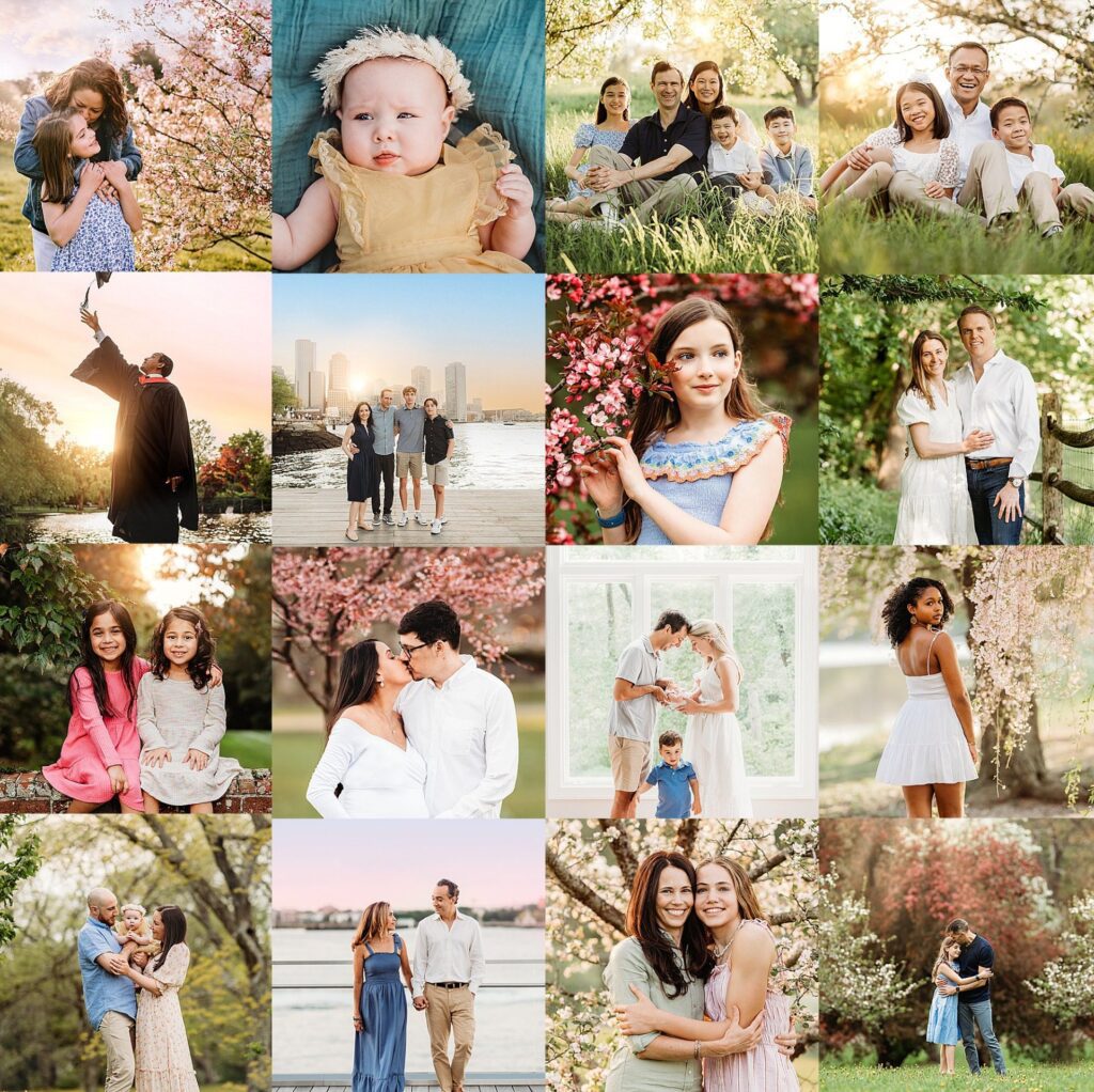A collage of family and portrait photos set against stunning outdoor backdrops, featuring individuals and groups of all ages. Beautiful spring family sessions.