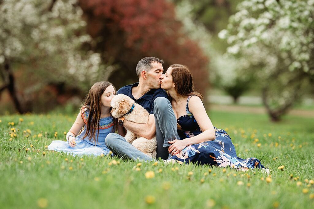 A family of three sits on a grassy field. The man and woman share a kiss, while the girl in a blue dress kisses their fluffy dog. They sit close together among yellow flowers, capturing the essence of a beautiful family session.