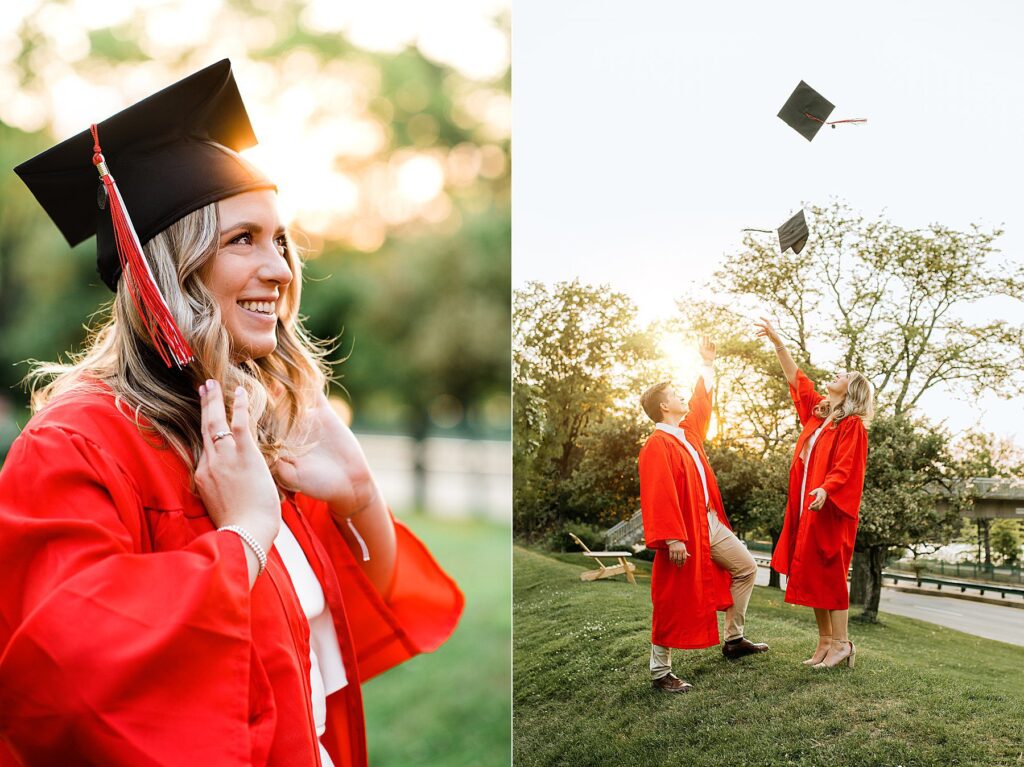 Left: A person in a red graduation gown and cap smiles outdoors, capturing the essence of graduation portraits. Right: Two joyful graduates toss their caps on a grassy Boston area with trees in the background, celebrating their senior year triumphs.