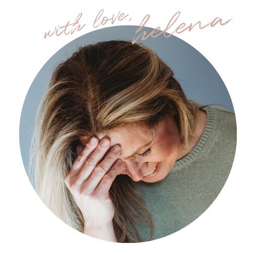 A woman with long blonde hair, wearing a green sweater, is smiling and covering her face with one hand. Set against a gray background within a circular frame, the image captures a relaxed session vibe. The text with love, helena is elegantly inscribed above her in cursive.