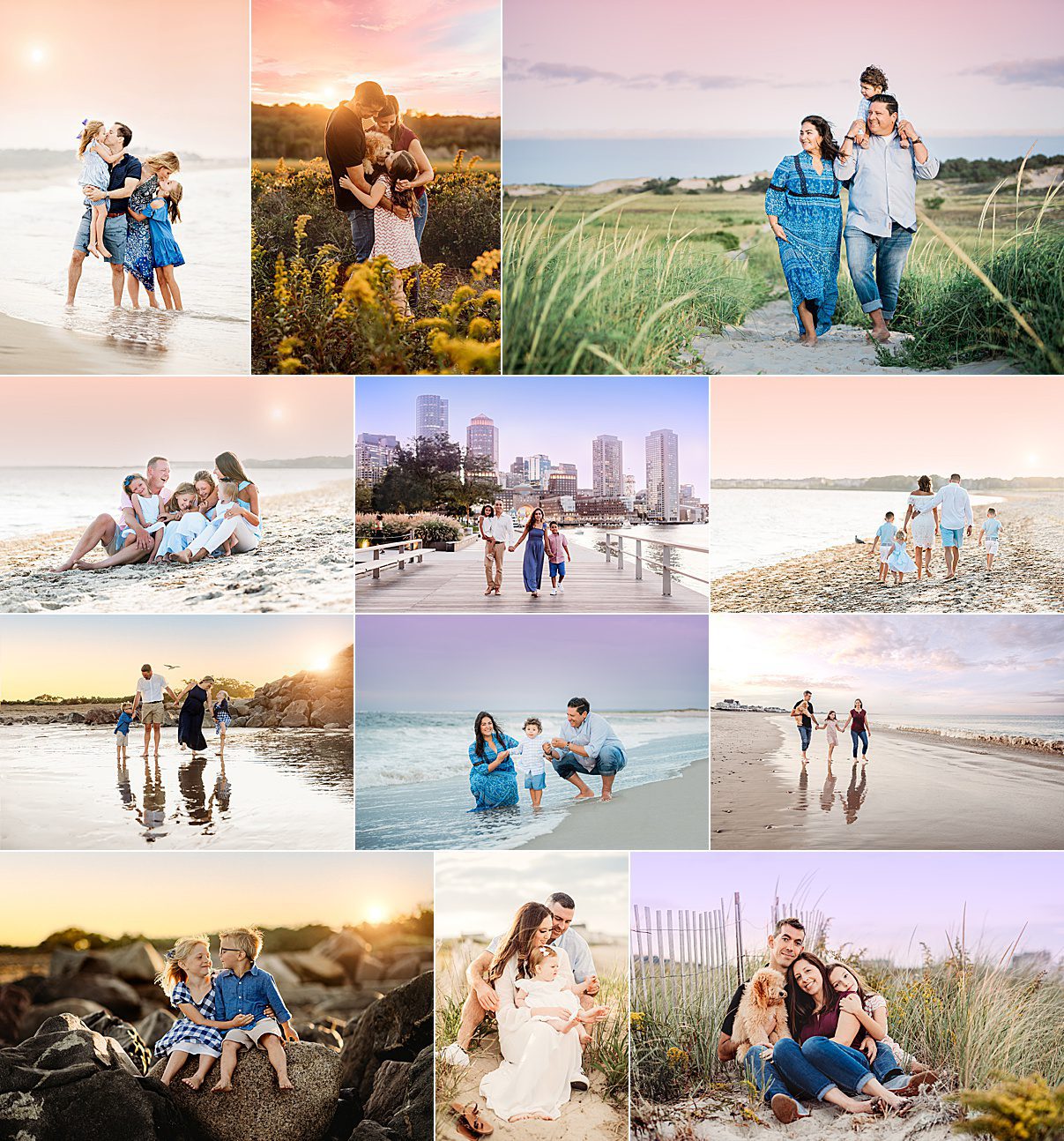 A collage of family photos outdoors, featuring Beach Sessions with families posing together on the beach, grassy dunes, and fields at sunset, with warm, colorful skies and a cityscape view in one image.