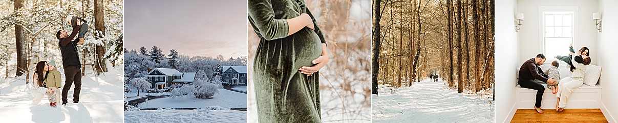 A collage of five photos: a family playing in the snow, snowy houses, a close up of a pregnant woman holding her belly, a snowy forest path, and memories as warm as beach sessions by a family laughing by a bright window.
