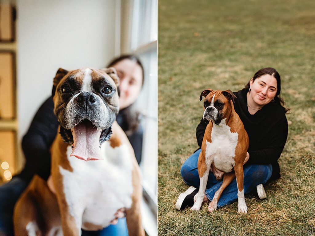 Side by side photos: On the left, an in home dog photography moment features a brown and white boxer on a woman's lap. On the right, the woman hugs her dog while sitting on grass outside—a special session.
