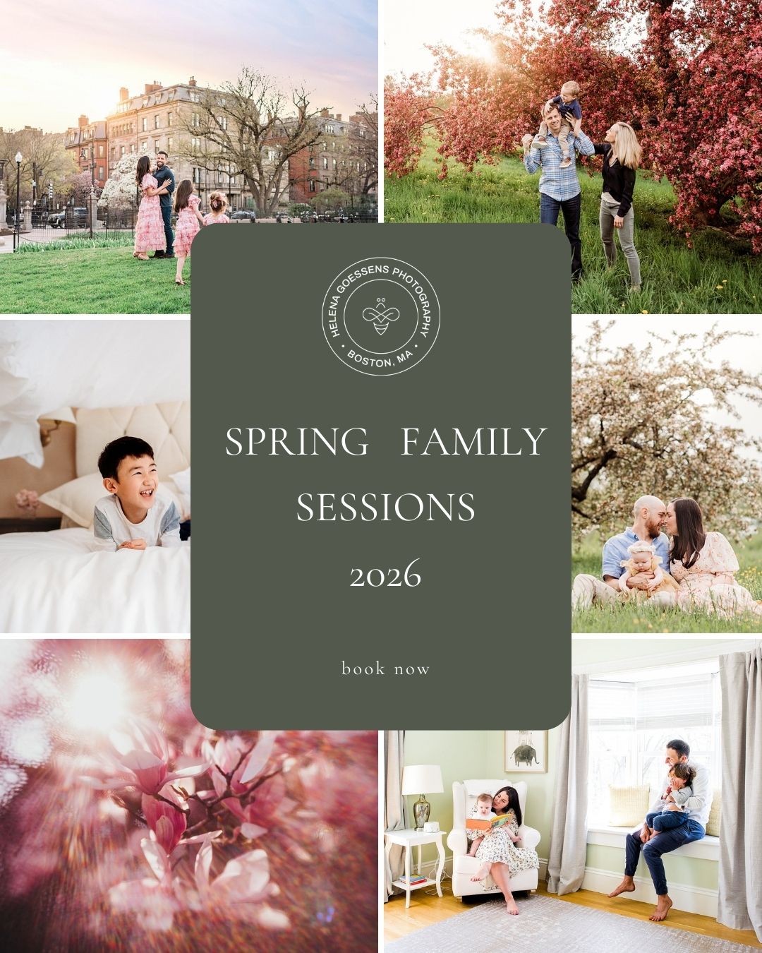 A collage advertises Spring Family Sessions 2026 by a Boston photographer, showing families outdoors with blooming trees, kids indoors, and flowers—inviting viewers to book their Spring Family Session now.