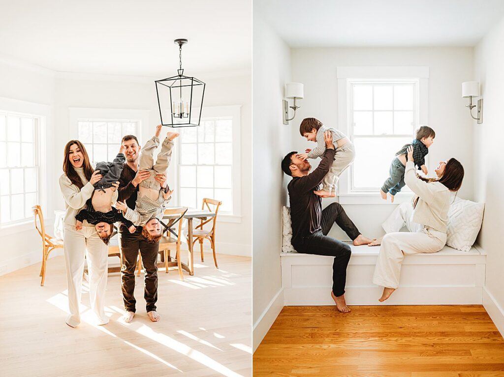 Two photos: On the left, two adults and two young children smile and play in a bright dining room; one adult holds a child upside down. On the right, the family plays by a window seat, lifting the kids—pure joy captured as Family Photography Packages Explained.